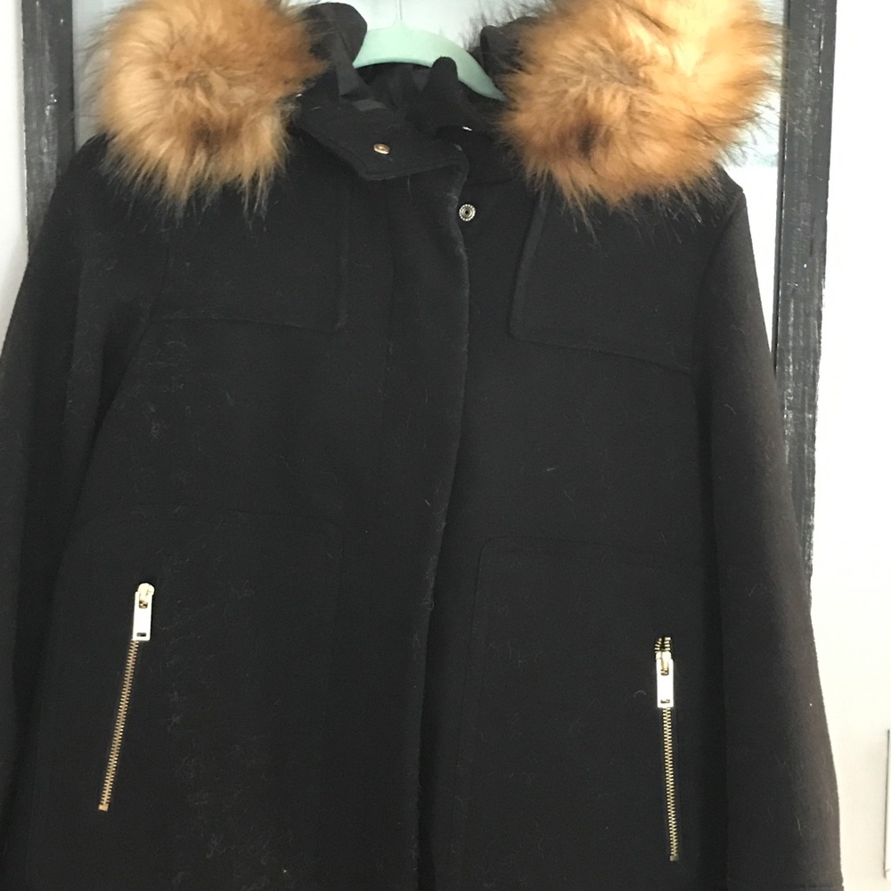 Zara collection black wool jacket with fur hood